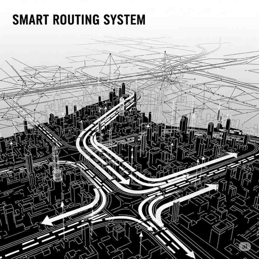Intelligent SMS routing system visualization showing traffic optimization and automatic failover